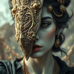 woman portrait, head on face, foreground, volumetric, wearing a carved half mask with incrustations, astral godness vishnu, ethereal, elements, baroque, rococo, ink, tarot card enviromet, cinematics lights, detailed, intricate illustration, octane render, infinite background, golden ratio, fine art by peter mohrbacher & marc simonetti