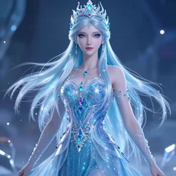 a beautiful female human god of ice character, character is in all its glory, character is centered on the image, character is staying in natural pose, rim lights, highly detailed professional photo, dynamic lights, particles and crystals are flying, very deep depth of field, trending on artstation, illustration, hyper realistic, vray caustics, super detailed, colorful accents, cinematic shot