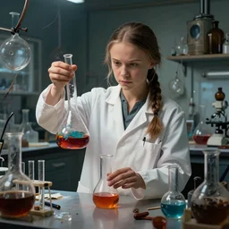 greta thunberg as a mad scientist, lab coat, mixing potions in a rundown chemistry lab, by greg rutkowski and frank frazetta, intricate, artstation, cinematic, style of magic : the gathering