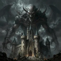 giant lovecraftian monster looms over a castle, high fantasy, horror, dnd, highly detailed, smooth, sharp focus, chiaroscuro, digital painting, artgerm and greg rutkowski and alphonse mucha