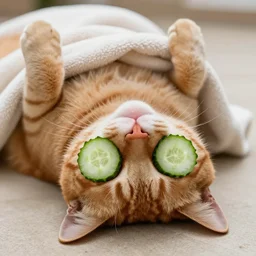 ginger tabby cat lying on its back with two cucumber slices covering his eyes, he has a towel on his head, he is very relaxed