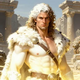 portrait of a beautiful young fit male barbarian with curly hairs, wearing a fur armor, luminous scene, by elmore, greg rutkowski and alphonse mucha, d & d character, gradient white to yellow, in front of a ruined temple background, highly detailed portrait, digital painting, artstation, concept art, smooth, sharp focus ilustration, artstation hq