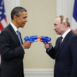 barrack Obama and Vladimir Putin holding water guns to each other’s heads while smiling and crying, 8K New York Times Photography TMZ