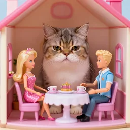 grumpy cat with barbie and ken having a tea party together in a playhouse