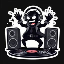 svg vector sticker of absolutely insane-mad-scientist-villain, rocking out, wearing headphones, huge speakers, dancing, rave, DJ, spinning records, digital art, amazing composition, rule-of-thirds, award-winning, trending on artstation, featured on deviantart