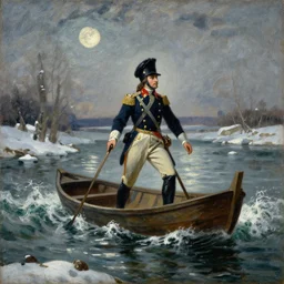 colonial soldier crossing river boat landscape waves winter moonlight color oil painting in the style or raphael