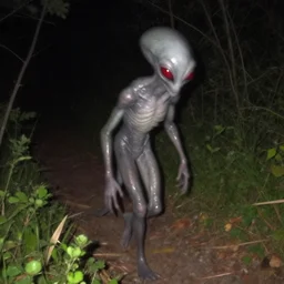 trail - cam photos of a red eyed creepy grey type alien walking by, night vision, motion blur