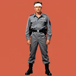 tom berenger with a gray soldier uniform and headband, full body shot, grainy, saturated, poster art, 1 9 8 7, by drew struzan