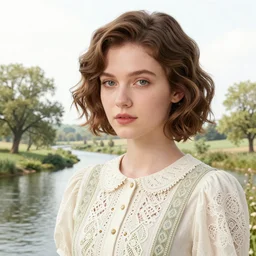 a woman with short wavy hair, round face, cottagecore!!, river, trees, intricate, elegant, highly detailed, digital painting, artstation, concept art, smooth, sharp focus, illustration, art by artgerm and greg rutkowski and alphonse mucha