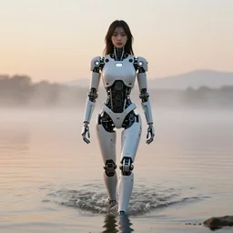 beautiful centered photo portrait of hoyeon jung as a solarpunk robotic humanoid with white mechanical parts with bright halogen lights, walking through calm water, ultra - realistic and detailed, foggy background, sunset lighting, soft focus, slow exposure hdr 8 k