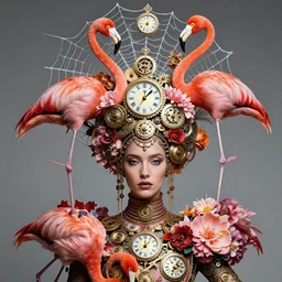 woman with headdress, alexander mcqueen, flamingo baroque style, panfuturism, clockwork, floral, spider web, epic, hybrid, extravagant, retro futuristic, bold natural colors, masterpiece, trending on artstation, photography