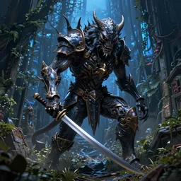 post - gothic giant creepy chimera, exoskeleton armor, holding katana, dystopian ruins covered in vegetation, highly detailed smooth digital art masterpiece, vitaly bulgarov giger dramatic dark blue light, ground angle hd 8 k, sharp focus