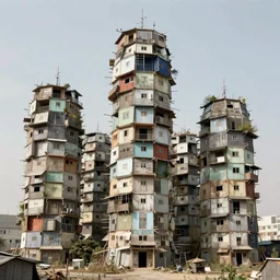 organic looking towers, made up of makeshift squatter shacks with light colours, dystopia, mamiya rz 6 7, fully frontal view, very detailed, photographed by jeanette hagglund