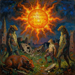 dramatic lighting colorful surrealist symbolist oil painting titled'now we'll all be brothers of the fossil fire of the sun ', magical realism symbolist, wrecked city landscape with hybrid animal figures, painted by arnold bocklin and odilon redon and max ernst, shocking detail trending on artstation 8 k