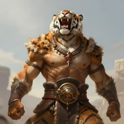 a highly detailed illustration of a fierce tribal warrior wearing a tiger mane, heroically screaming into the sky pose, muscular, intricate, elegant, highly detailed, centered, digital painting, artstation, concept art, smooth, sharp focus, league of legends concept art by artgerm and donato giancola and Joseph Christian Leyendecker, WLOP