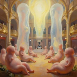 lush garden fetuses upshot minimalist oil painting by donato giancola, chris foss, lush bulbous maschinen krieger cinematic scifi with giant bright translucent bioluminescent microscopy, gigantic pillars, victorian shopping mall courtyard,, beeple, the matrix, star wars, ilm, star citizen, mass effect,, warm coloured, artstation, atmospheric perspective