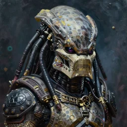 a portrait of the predator by chris warner, sci fi, predator movie, oil on canvas, deep depth field, masterpiece, trending on artstation, featured on pixiv, cinematic composition, hyper - detailed, hd, hdr, 4 k, 8 k