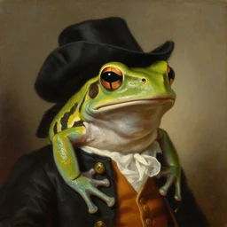a head and shoulders portrait painting of an anthropomorphic!!!!!!!!!! amazon milk frog!!!!!!!!!! wearing a colonial outfit without a hat looking off camera, a character portrait, american romanticism, oil on canvas, diffused lighting