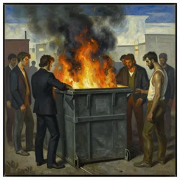 a painting of people standing around a burning dumpster, an art deco painting by thomas hart benton, cg society, american scene painting, dystopian art, constructivism, academic art