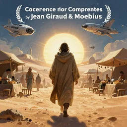 centered portrait of illustration, detailed, a person with a cloak walking through the desert market, volumetric, sci fi, space ships in the enviroment, fantasy scheme | coherence | art by jean giraud and moebius