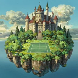 Tennis court on the island of floating air, Castle in the Sky style, by Miyazaki Hayao