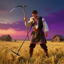 full body, concept art, man with scythe, mowing of the hay, traditional hungarian clothing, dramatic lighting, beautiful, volumetric lighting, colorful, octane render