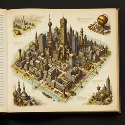 steampunk city map concept art, digital art book