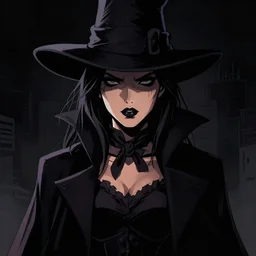 cell shaded, portrait of a woman magician, dark background, dramatic bold lighting, solid colors, detailed, solid blacks, thick line art, dark shadows, sharp edges, artstation, photoshop, trending, grunge, high contrast, comic, graphic novel, dark background, digital 2 d, artstation, marcin sobon, city of mist