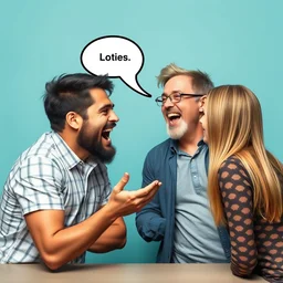 a mad male boomer telling a dad joke to millennials, he is laughing maniacally.