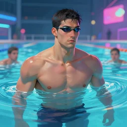 character male olympic swimmer, cyberpunk pool, digital painting, neon, bokeh, detailed, highly detailed, smooth, sharp focus, illustration by ruan jia and mandy jurgens and william - adolphe bouguereau, artgerm