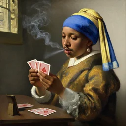 drake smoking and playing cards by johannes vermeer, brown skin, classical painting, digital painting, romantic, vivid color, oil painting