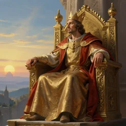 wisened philosopher king (an absolute monarch of his wealthy european kingdom) resides on his trone, his gaze transfixed on the horizon of the infinite timespan, highly detailed DnD portrait by Raffaello Ossola and Ross Tran and Greg Rutkowski, stunning detail, 8k, 4k