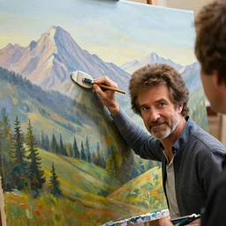 a closeup photorealistic photograph of bob ross polishing a canvas painting of kenny powers. mountains and trees. film still. brightly lit scene. this 4 k hd image is trending on artstation, featured on behance, well - rendered, extra crisp, features intricate detail, epic composition and the style of unreal engine.
