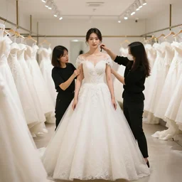 professional fun souvenir photograph of a wedding dress fitting session. the bride is in the center of the photo.