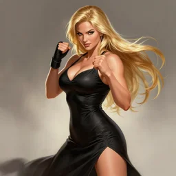 Tekken 4 fighter anime Stunning Portrait Kate Upton with long black dress by Greg Rutkowski, blonde long hair, in a fighting stance, digital painting, artstation, concept art, soft light, hdri, smooth, sharp focus, illustration, art by tian zi, craig mullins, Mark Arian, WLOP, alphonse mucha