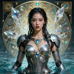 portrait of a beautiful woman wearing a cyberpunk armor, drenched body, wet dripping hair, emerging from the water, fantasy, regal, fractal crystal, fractal gems, by stanley artgerm lau, greg rutkowski, thomas kindkade, alphonse mucha, loish, norman rockwell ross tran