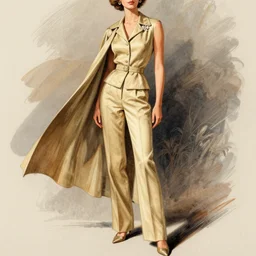 a detailed fashion illustration of a midcentury hostess gown pants set