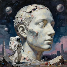 the ego separates, hyperrealistic surrealism, dreamscape, david friedrich, award winning masterpiece with incredible details, zhang kechun, a surreal vaporwave vaporwave vaporwave vaporwave vaporwave painting by thomas cole of a gigantic broken mannequin head sculpture in ruins, astronaut lost in liminal space, highly detailed, trending on artstation