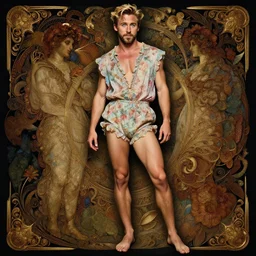 beautiful ryan gosling with blue eyes and beautiful blonde hair wearing a flowery romper, long legs, wide hips, fantasy, intricate, full body shot, sexy, highly detailed, digital painting, artstation, concept art, wallpaper, smooth, sharp focus, realistic photo by artgerm and greg rutkowski and alphonse mucha