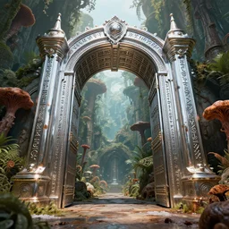 a colossal shining chrome gate inscribed with runes opens up to a wide passage of jungles, retrofuturistic, science fantasy, rusted, fungal polyps, salt, lgbt, queer, rpg, epic, dungeons & dragons, sacred, sharp focus, award - winning, extremely detailed, 4 k, 8 k