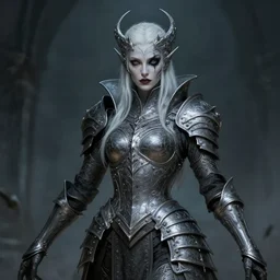 an concept art of the lich queen, pale hair, one eye, intricate details, detailed face, detailed armour, artstation, epic pose, ambient light, by rembrandt