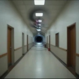 cctv footage of government facility hallway distorted and warped by gravitational lensing caused by black hole in the distance