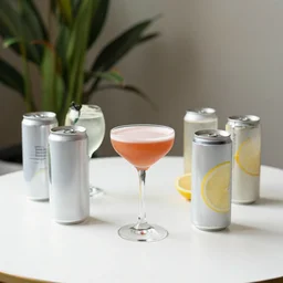 5 5 mm photo of best long cocktail and soda - can on a zen minimalist white table with elegant houseplants in the background. highly detailed 8 k. intricate. lifelike. soft light,