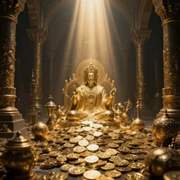 gods basement filled with treasures and gold coins, divine, shinig rays of light, 8 k photography, cinematic light, award winning