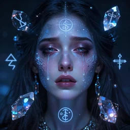 crying witch astral projecting, as above so below, highly detailed face, airbrush, magick, technology, sigils, royo, led lights, glowing orbs, crystal shimmers,