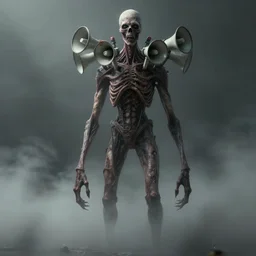 a very thin tall huge creepy humanoid without head and with megaphones growing from the neck. character concept art, extremely high details, octane render, fog, horror, artstation contest winner, art by michael whelan, simon stalenhag, les edwards. masterpiece