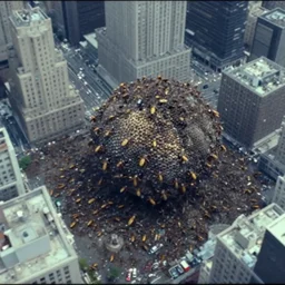 1 9 9 2 vhs footage of a gargantuan infestation of wasp like creatures and hives in new york city, aerial shot, blurry, grainy