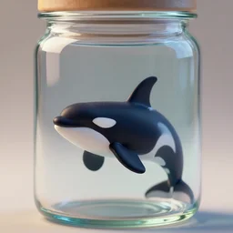 a tiny realistic proportioned swimming orca contained inside a glass jar. sharp focus, photography, unreal engine, trending on artstation, photorealistic, octane, trending on deviantart, unreal engine