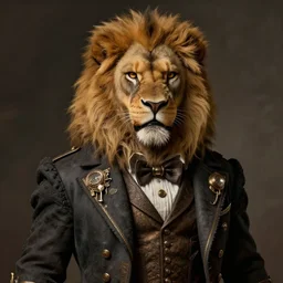 realistic portrait of steampunk angry male lion humanoid in elegant suit, steampunk style intricate high details mate painting,, octane render 3 d portrait, by rembrandt