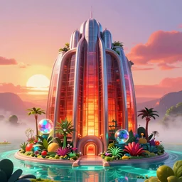 highly detailed futuristic architecture by frank lloyd wright, reflective lighting, holographic spheres, stylized vegetation, ground - level view, puddles of turquoise water, foggy atmosphere, stunning sunny lighting, sunrise, vivid colors, in the style of pixar animation, trending on artstation, 8 k, matte painting, ray tracing, hyper detailed, unreal engine 5, cinematic, epic lighting, cryengine, octane render, cyberpunk, red and orange glow, vibrant